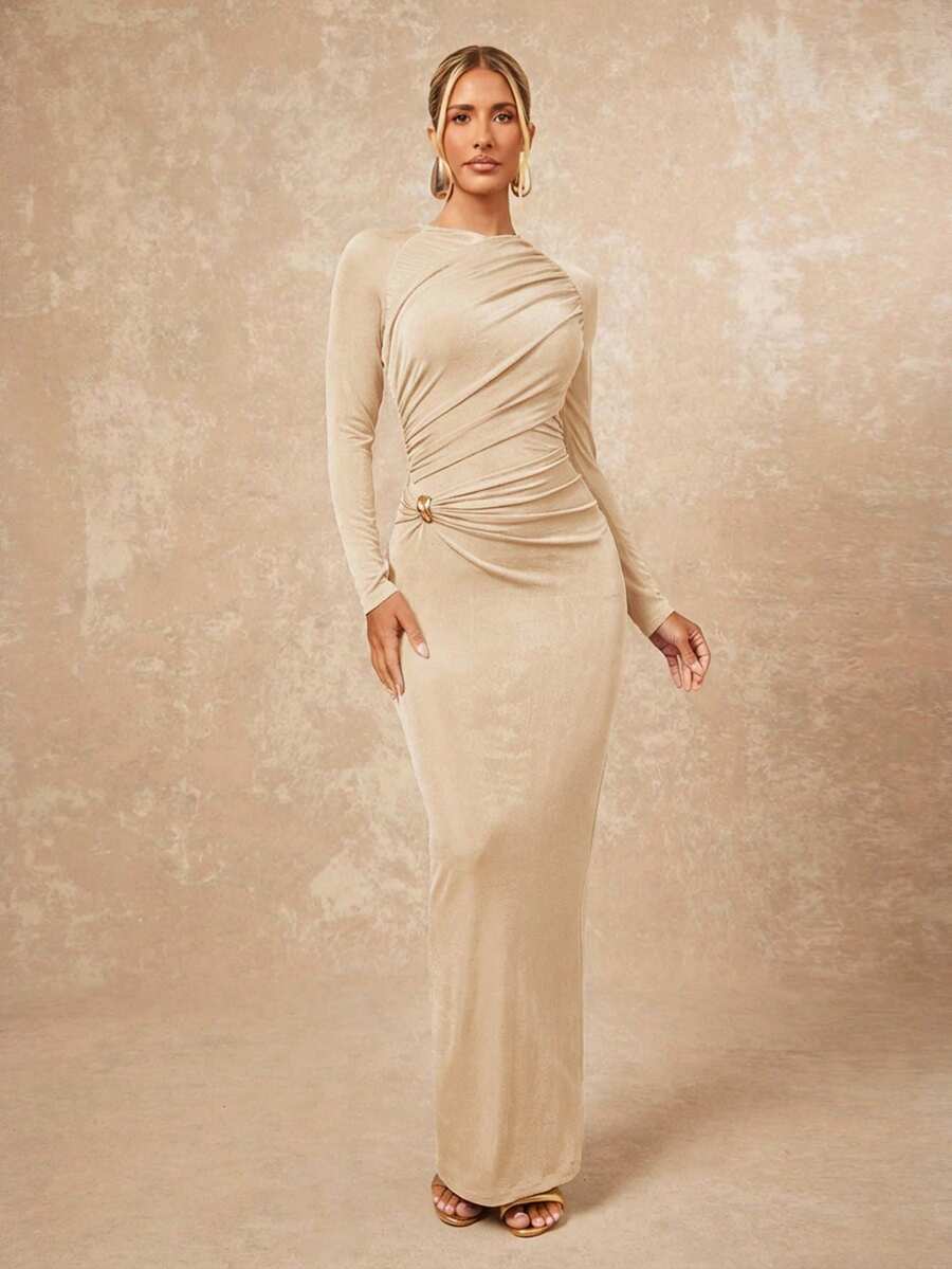 Lumalex 女士优雅派对纯色褶皱修身连衣裙 - 杏色 - 查看 1