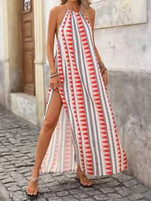 Brillora 女士吊带流苏系带高开衩露背休闲印花沙滩度假连衣裙 - 紅色 - 查看 4