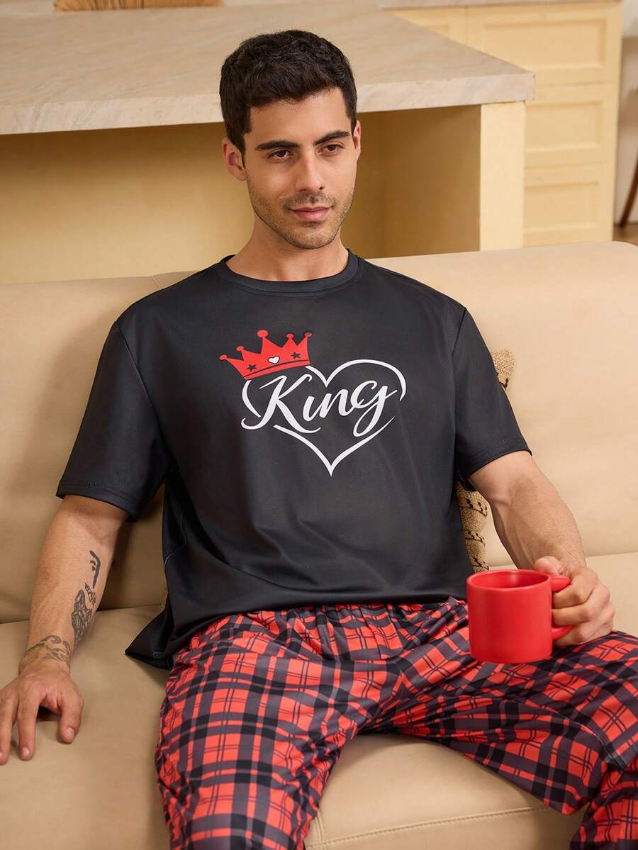 Velminro Men's Letter & Heart Print Round Neck Short Sleeve Loungewear Top
