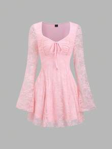 Sweetra Y2K Sexy Square Neck Pleated Flare Sleeve Versatile Commuter Dress - Pink - View 3