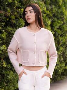 Andrea Bello Women Crew Neck Jacket, Embroidered Contrast Edge Jacket, Casual Street Style Ladies Jacket, Office Wear In Fall/Winter - Apricot - View 4