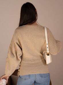 Andrea Bello Women's New Autumn/Winter Single-Piece Design Batwing Sleeve High-End Buttoned Minimalist Everyday Knit Long Sleeve Top - Apricot - View 2