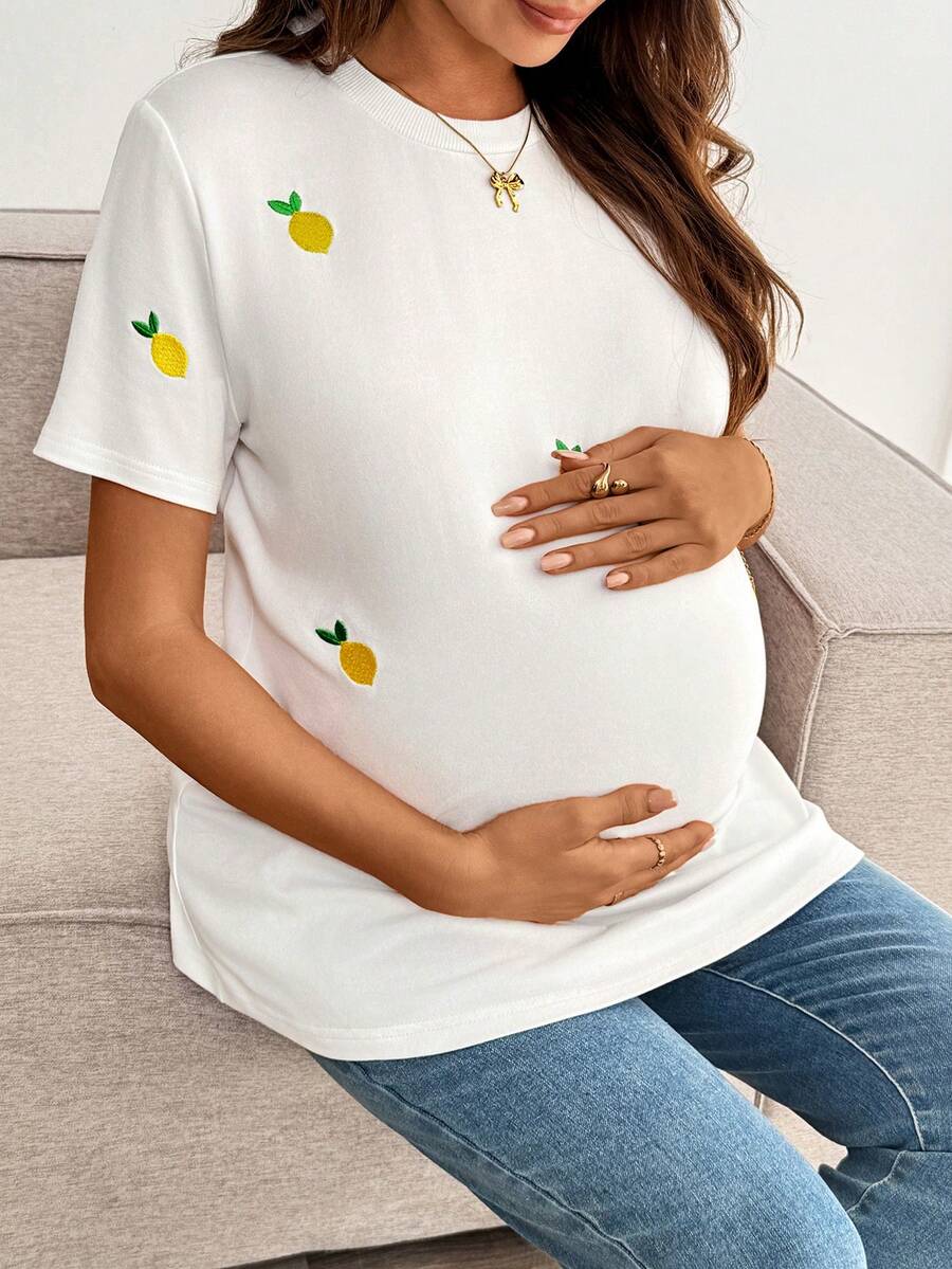 SHEIN Camiseta de manga corta casual de verano para mujeres embarazadas con bordado de limón - Blanco - Ver 1