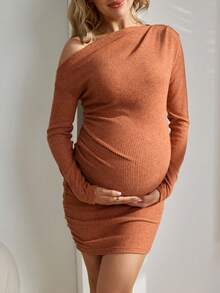 SHEIN Maternity Casual High Elasticity Comfortable Oblique Shoulder Long Sleeve Ruched Fitted Dress - Brown - View 6