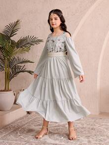 Đầm dài tay in hoa thanh lịch với cổ vuông dành cho bé gái tuổi teen, thích hợp cho mùa xuân/thu. - Màu Khaki - Xem 5