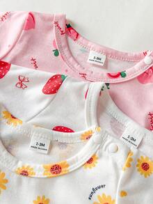SHEIN 6件套女宝宝可爱草莓、蝴蝶结、桃子、向日葵、字母和数字印花圆领短袖上衣和松紧腰短裤，休闲舒适，适合夏季户外玩耍 - 彩色 - 查看 5