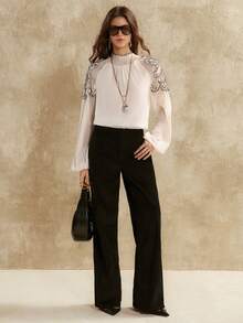Florisole Women's Woven Chiffon Top With High Neck, Raglan Sleeves, Long Sleeves, And Gathered Lace Trim. Suitable For Everyday Casual Wear Holiday Outfits For Women - Apricot - View 2