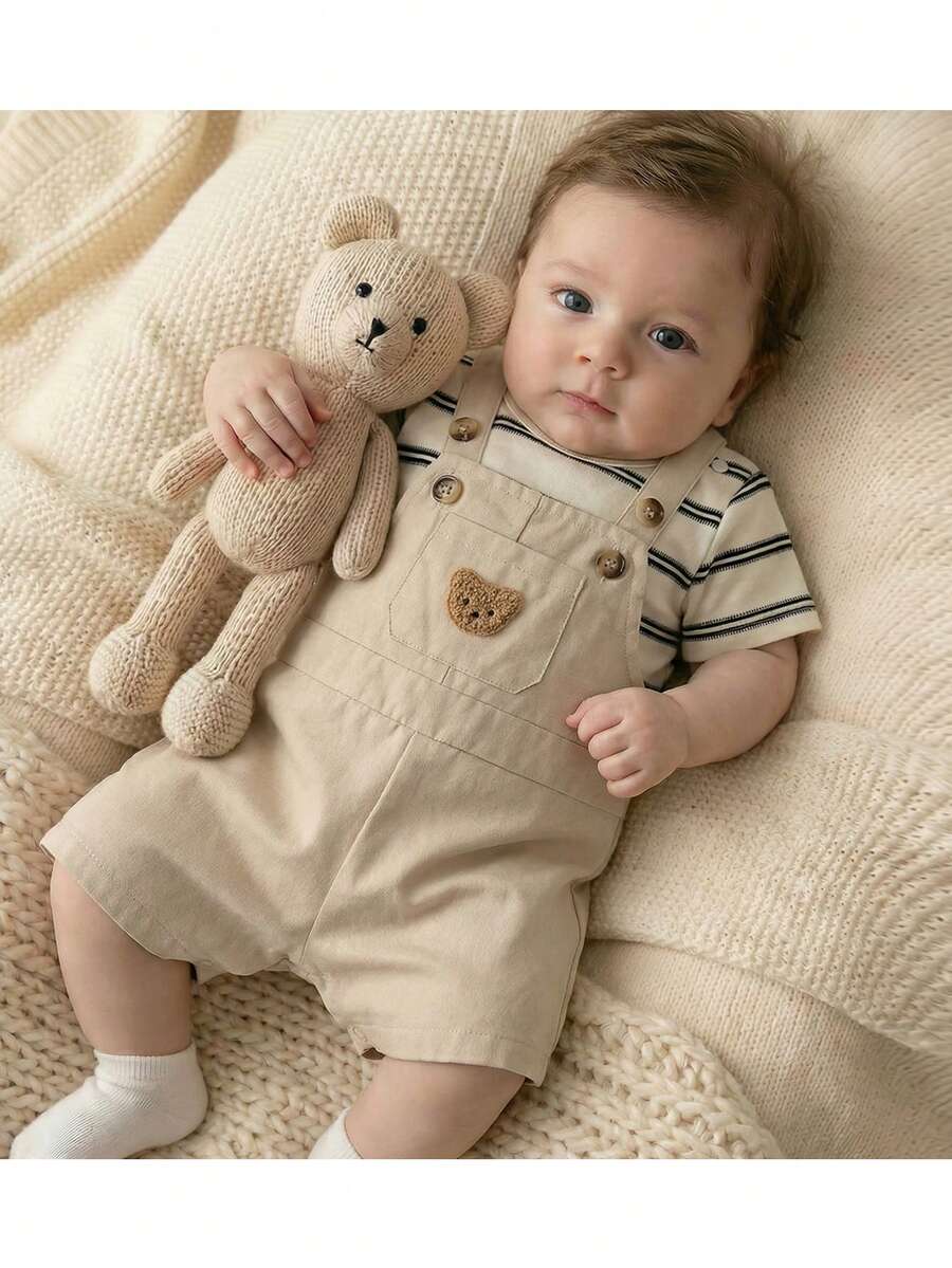 Loomiva 新生儿男女宝宝卡通熊图案针织柔软圆领长袖插肩套头衫和背带裤两件套 - 彩色 - 查看 1