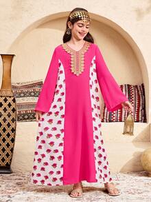 SHEIN Vestido casual bohemio con patchwork de colores contrastantes para niñas preadolescentes, para vacaciones, fiestas y festivales - Rosa - Ver 4