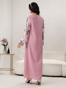 Al Najma V-Neck Lace Patchwork Long Dress, Middle Eastern Style Maxi Gown