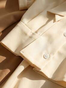 Franclia 女士优雅纯色杏色蝴蝶结领短袖修身衬衫，杏色上衣，法式时尚，休闲夏季 - 杏色 - 查看 3