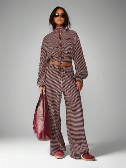 MISSGUIDED Striped Two Piece Set Casual Crop Top Wide Leg Pants Loungewear Tracksuit Matching Co Ord Fall Winter Outfit