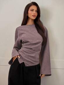 Aloruh 女士秋冬新款时尚通勤腰部褶皱不对称下摆长喇叭袖V领套头衫 - 淺灰紫 - 查看 4