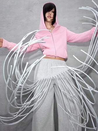 ROMWE Avant Pantalon de survêtement droit et ample avec franges asymétriques pour femmes