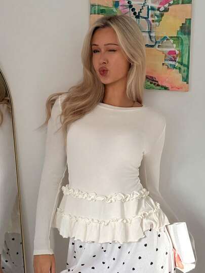 DAZY 女士纯色圆领长袖上衣，蘑菇下摆和荷叶边下摆，适合秋冬季居家穿着