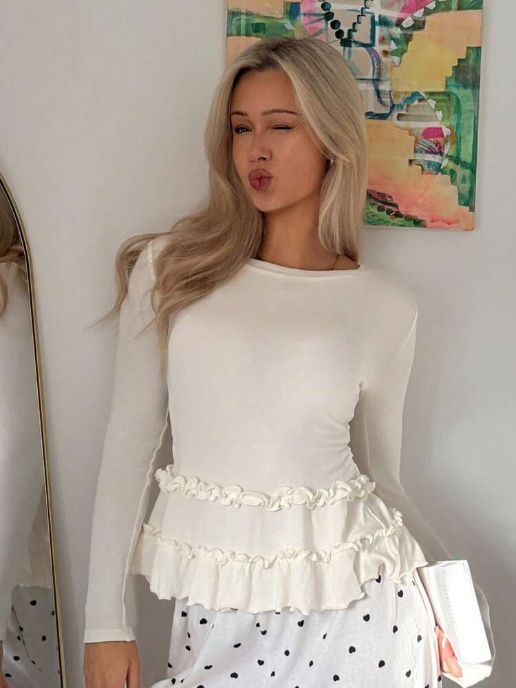 Women's Solid Color Round Neck Long Sleeve Top With Mushroom Hem And Ruffle Hem, Suitable For Autumn And Winter Loungewear