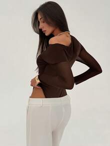 Aloruh Women's Mesh Coffee Color New Oblique Shoulder Ruched Bodysuit With Long Sleeves, Autumn/Winter, Beach Outfits For Women,Summer Holiday Outfits,Vacation Outfits Women - Coffee Brown - View 9