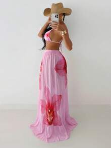 Swim SXY 女士夏季沙滩泳装三件套，粉色碎花吊带上衣、比基尼泳裤和长裙，性感泳装 - 粉色 - 查看 2