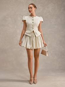 2pcs Women Tweed Round Neck Short Sleeve Button Up Top And Bubble Hem Skirt Set - White - View 1