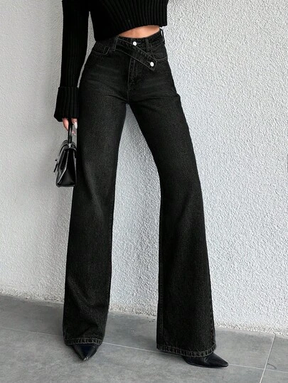 SHEIN Tall High Waist Asymmetric Belt Wideleg Jean