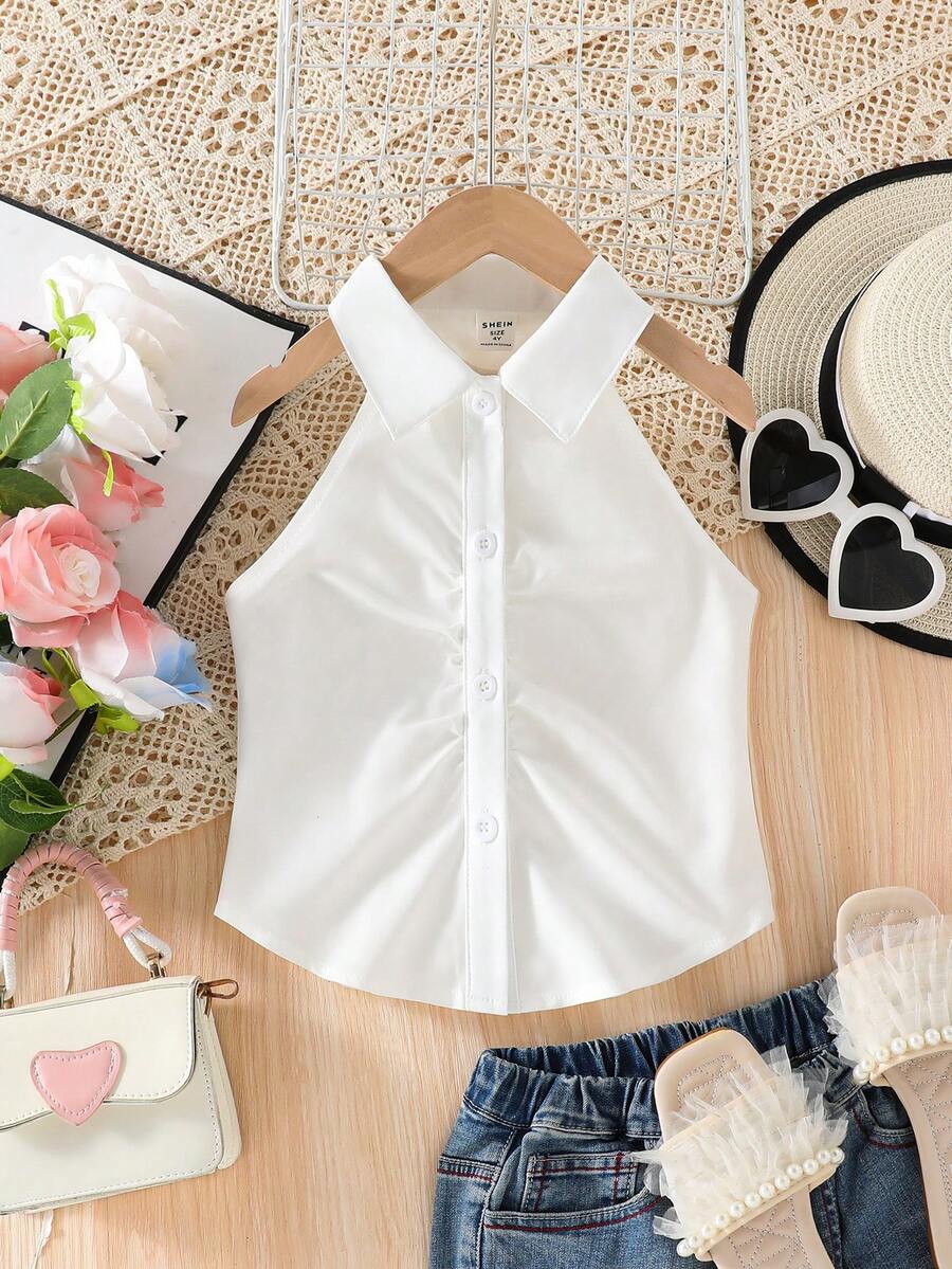SHEIN 女童白色无袖露脐上衣，适合休闲外出、派对和日常穿着。 - 白色 - 查看 1