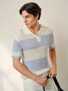 Manfinity Homme Áo polo nam tay ngắn cài khuy cổ tay phối màu tương phản, kiểu dáng thường ngày, chất liệu dệt kim gân sọc, áo sơ mi dệt kim nam, trang phục nghỉ dưỡng mùa hè cho nam giới. - Xanh và trắng - Xem 6