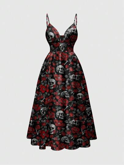 Rose Punk Gothic Dark Mysterious Sexy Valentine's Day Romantic Mori Style Allover Print Spaghetti Strap Low-Cut Sexy Women Dress