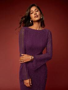 Opulessa 1pc Black Backless Flare Sleeve Round Neck Sexy Long Sleeve Dress,For Party