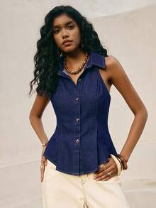 Poéselle 女士无袖修身牛仔衬衫，休闲日常穿着 - 深色水洗藍 - 查看 3