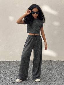 Tween Girls Spring/Summer Streetwear Minimalist Washed Grey Bustier Slim Fit Tees Straight Leg Baggy Mid Rise Straight Pants Two Pieces Outfits - Black - View 4
