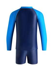 SHEIN 男童修身沙滩字母图案分体泳衣两件套，适合春夏季节和海滩度假 - 藍色 - 查看 4