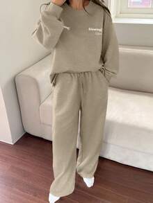 DAZY 2件套女士字母印花装饰宽松卫衣和长裤家居服套装，秋冬款