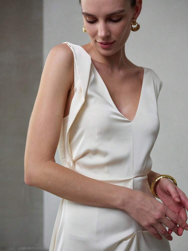 WOMEN'S V-NECK WAIST PLEATED MIDI DRESS, SPRING/SUMMER
