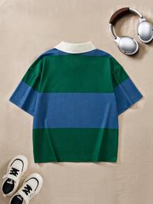 Casuvi Kids Casual & Fashionable, Retro American College Style Striped Tween Boys Polo Shirt, Large M Letter Print Design On Chest, Contrast White Collar, Blue & Green Striped Body, Suitable For School, Commute, Casual, Party Occasions Pullover Shirt Boy Boy Clothes Casual Boy Clothes - Green - View 5