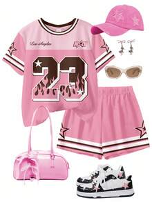SHEIN 青少年女孩粉色夏季80年代運動衫賽車服裝，美國洛杉磯23號設計休閒運動圓領T恤與短褲2件套，Y2K - 彩色 - 查看 3