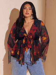 SHEIN BAE 大码女式印花网纱喇叭袖上衣，春夏秋冬皆宜，情人节礼物 - 紅色 - 查看 5