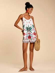 Travachic Bộ áo liền quần không tay in họa tiết dành cho nữ, thích hợp cho kỳ nghỉ xuân/hè. - Nhiều màu - Xem 3