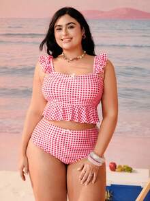 Swim Mod Plus Size Plaid Print Flounce Adjustable Strap Swimsuit Set, Vacation & Beach - Multicolor - View 3