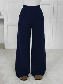 SHEIN EZwear Women's Solid Color Casual Comfortable Breathable Soft Knit Pants - Navy Blue - View 6