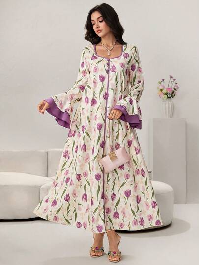 Yasmyna Women's Spring/Summer Long Sleeve Crinkle Digital Print Patchwork Purple 4-Way Stretch Buttoned Elegant Arabic Dress