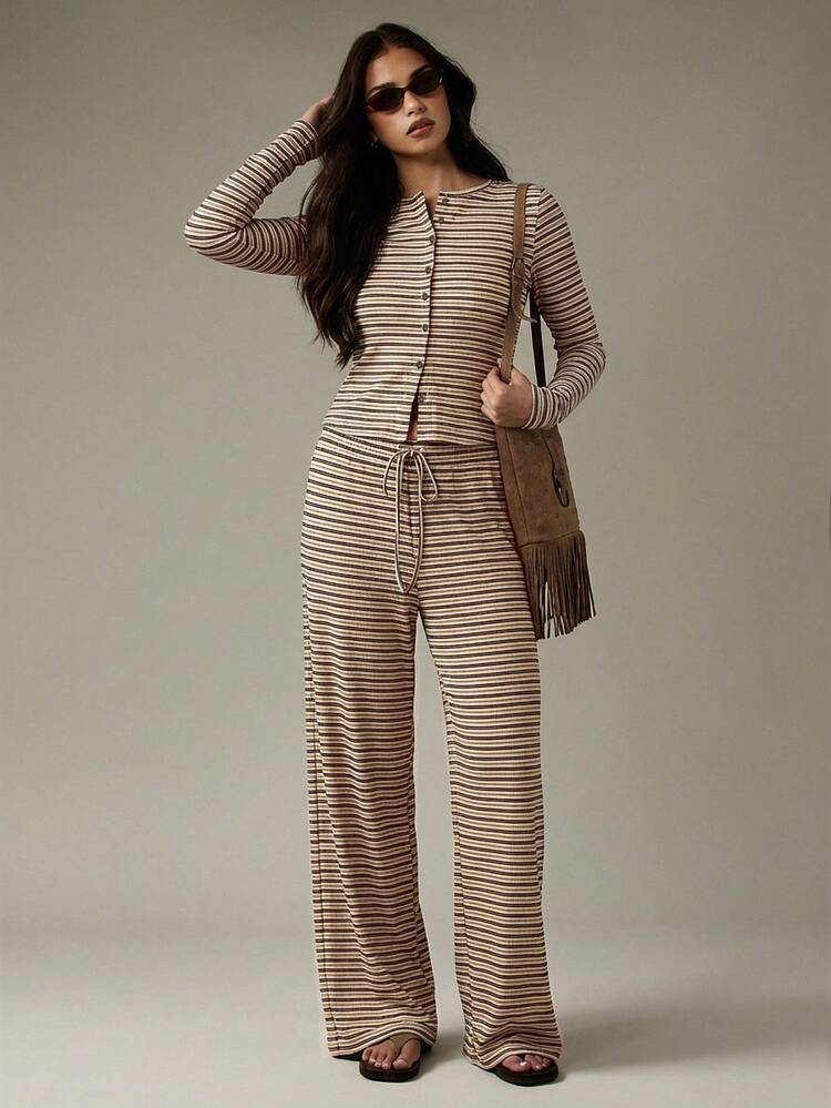 MISSGUIDED Striped Button Up Cardigan And Wide Leg Pants Co Ord Set For Women Casual Lounge Wear Fall Winter Ribbed Knit Matching Outfit