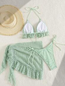 Swim Mod 3pcs Women's Solid Color Sexy Ruffle Halter Tie Bikini Set - Mint Green - View 5