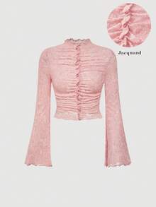 SHEIN MOD Women's Vintage Lace Jacquard Ruffle Long Sleeve Blouse, Spring, Valentine's Day ,Carnival Costumes ,Western Style, Retro Style, 70s Style, Single Party Style