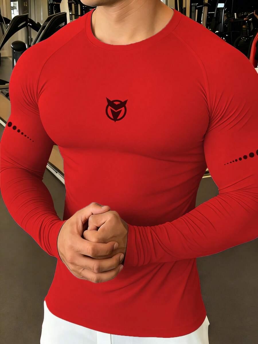 GymBeat 男士圆领插肩袖休闲修身运动T恤健身上衣 男士压缩上衣 压缩长袖红色压缩衬衫健身长袖上衣 - 紅色 - 查看 1