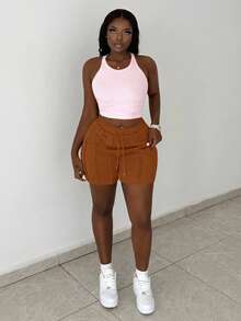 Slaydiva Pantaloncini sportivi casual estivi da donna, con design a pieghe a stuzzicadenti sulla parte anteriore, pantaloni da ciclismo, pantaloni della tuta, colore grigio chiaro - Moka Marrone - Visualizzare 5
