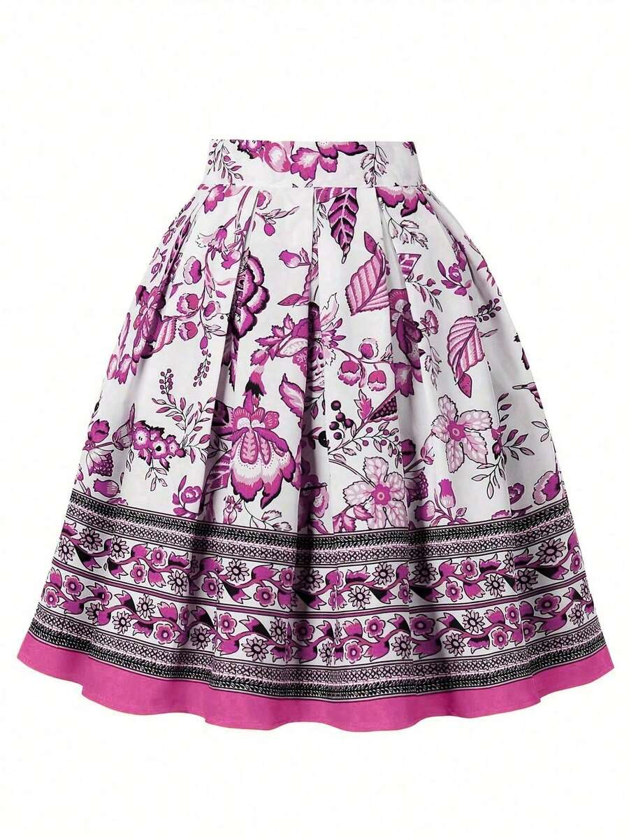 SHEIN Unity 女士休闲碎花褶裥半身裙 - 粉色 - 查看 1