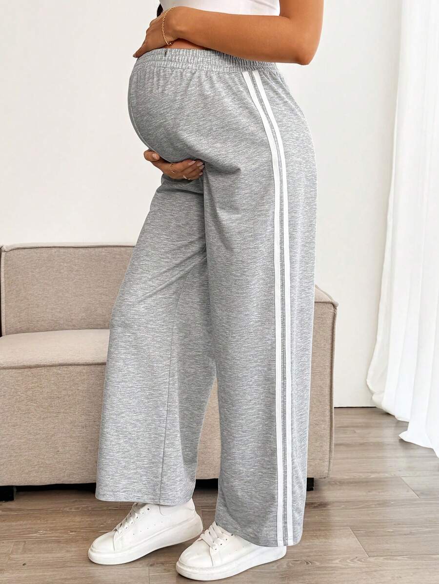 SHEIN 孕妇侧条纹印花松紧腰休闲裤 - 灰色 - 查看 1