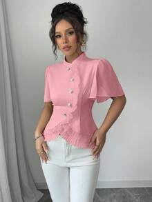Elenzga Women's Solid Color Stand Collar Raglan Short Sleeve Ruffle Hem Blouse - Pink - View 6