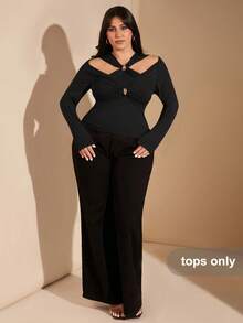 SHEIN BAE Camiseta ajustada de manga larga con abertura y nudo delantero en unicolor para mujer de talla grande, camiseta casual elegante para otoño e invierno - Negro - Ver 8