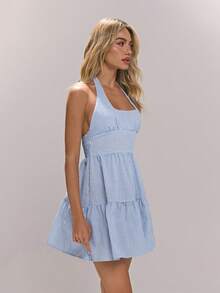 Sweetina Sleeveless Striped Print Ruffle Hem Halter Neck Dress Light Blue Summer Dress - Multicolor - View 4